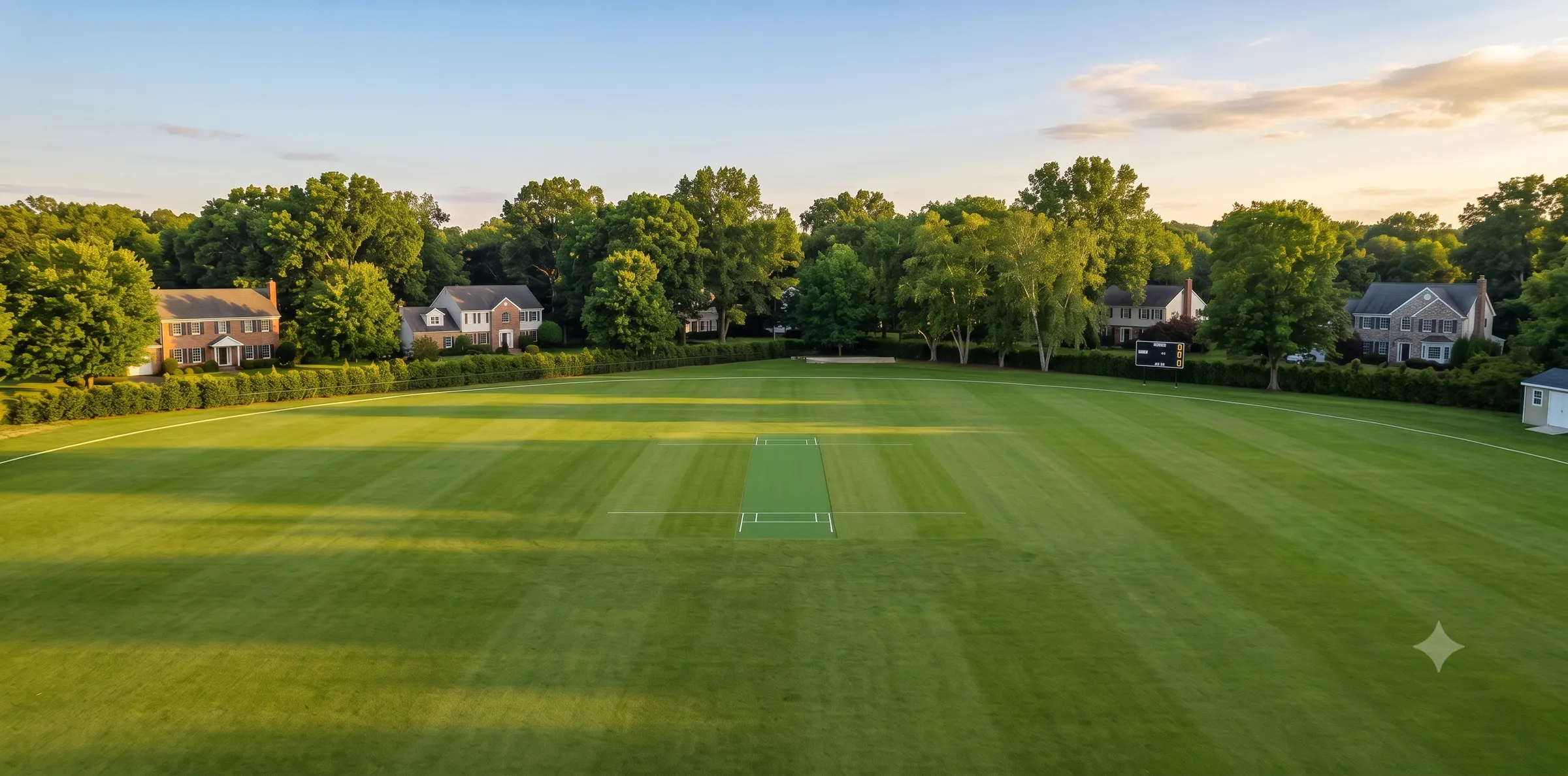 Cricket field at golden hour, ringed by trees and homes